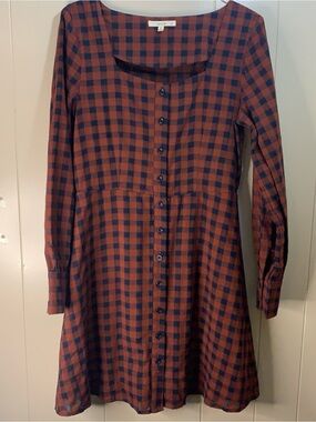 Le Lis Women’s S Brown Blue Plaid Fit & Flare Scoop Neck Lined Dress